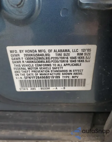2006 Honda Pilot Ex z USA, uszkodzony, nr VIN 5FNYF28496B019189